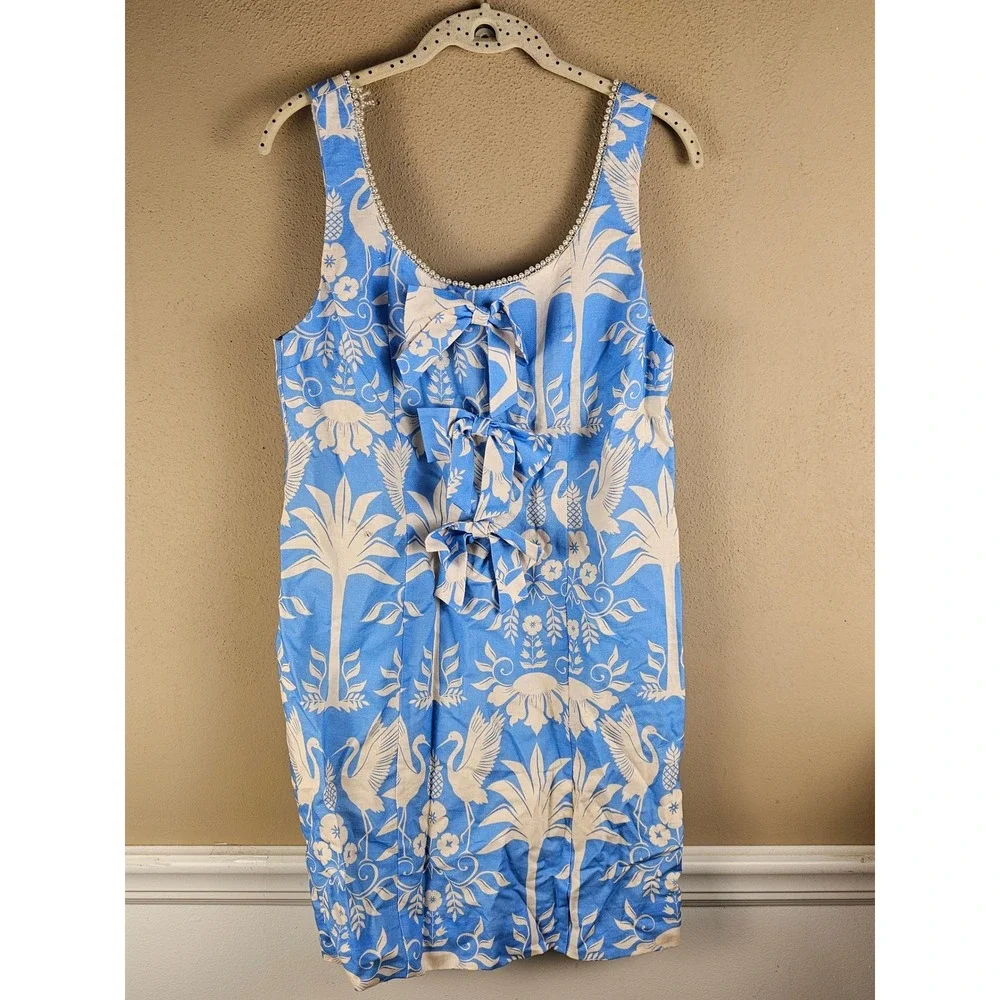 Mestiza New York Womens Blue Floral Crane Print Shift Dress Small - Loose Trim - Picture 1 of 7